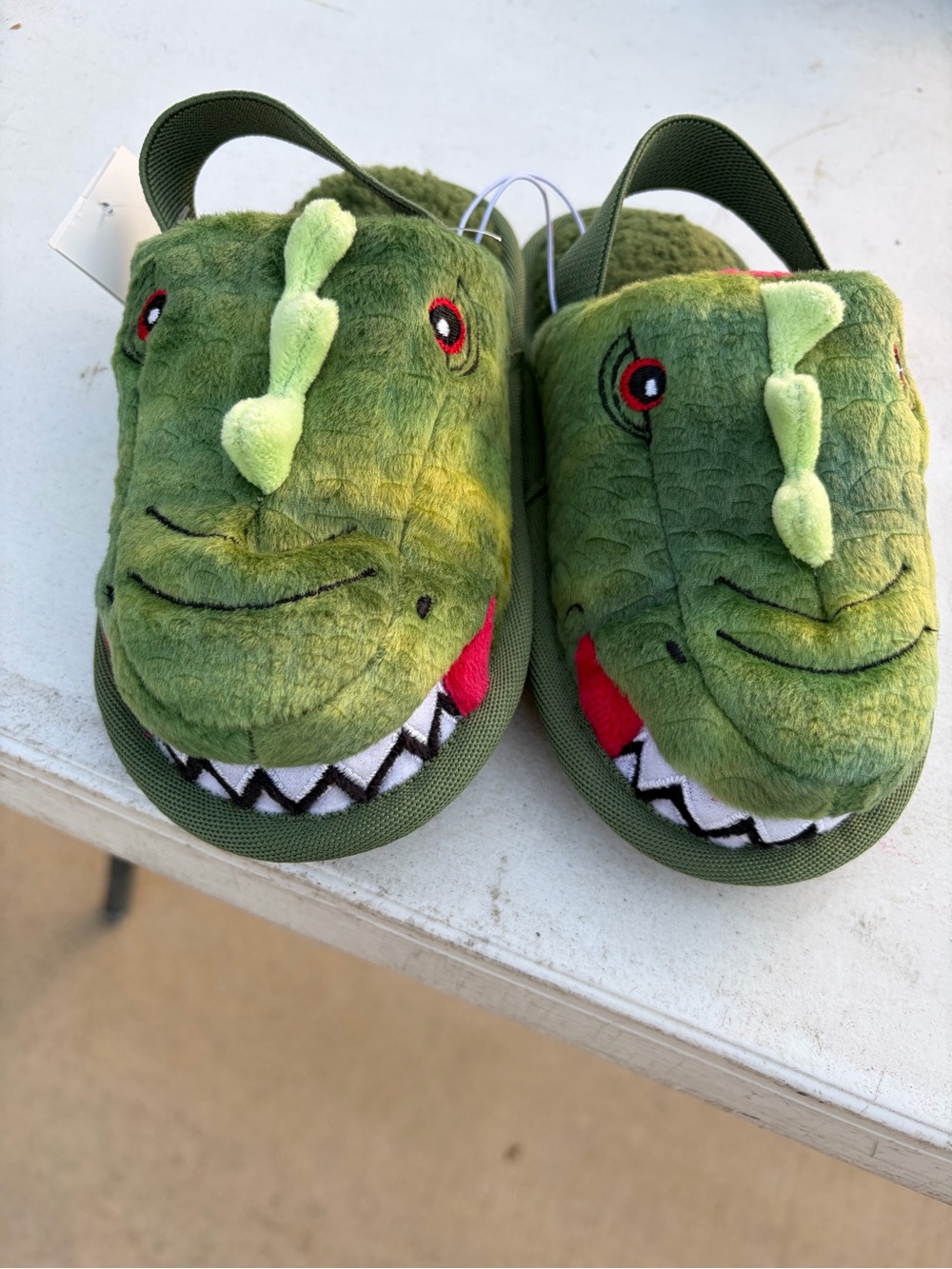 Cat & Jack Green Plush Dinosaur Kids Slippers